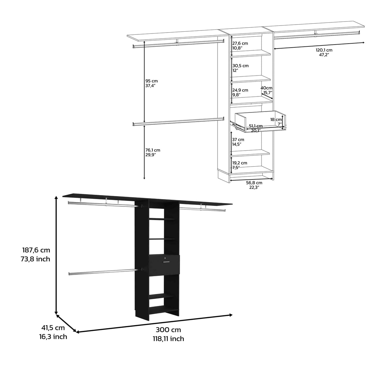 Closet System With Three Hanging Rods And Shelves Black - Furniture Home Direct