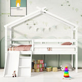 Low Loft House Bed With Slide, Ladder, Safety Guardrails, House Roof Frame - Furniture Home Direct