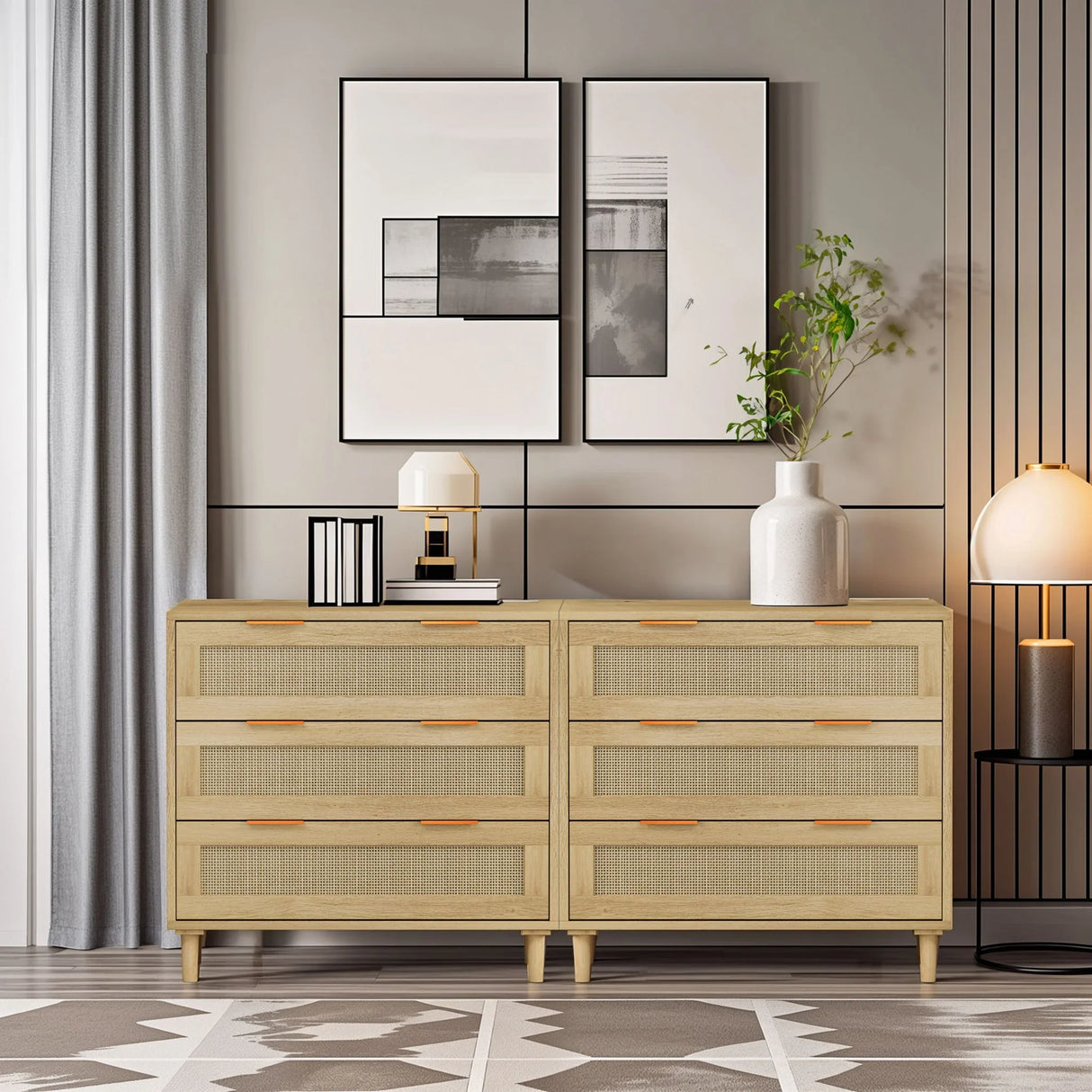 3 Drawers Rattan Storage Cabinet Rattan Drawer, For Bedroom, Living Room, Dining Room, Hallways (Set of 2) - Oak - Furniture Home Direct