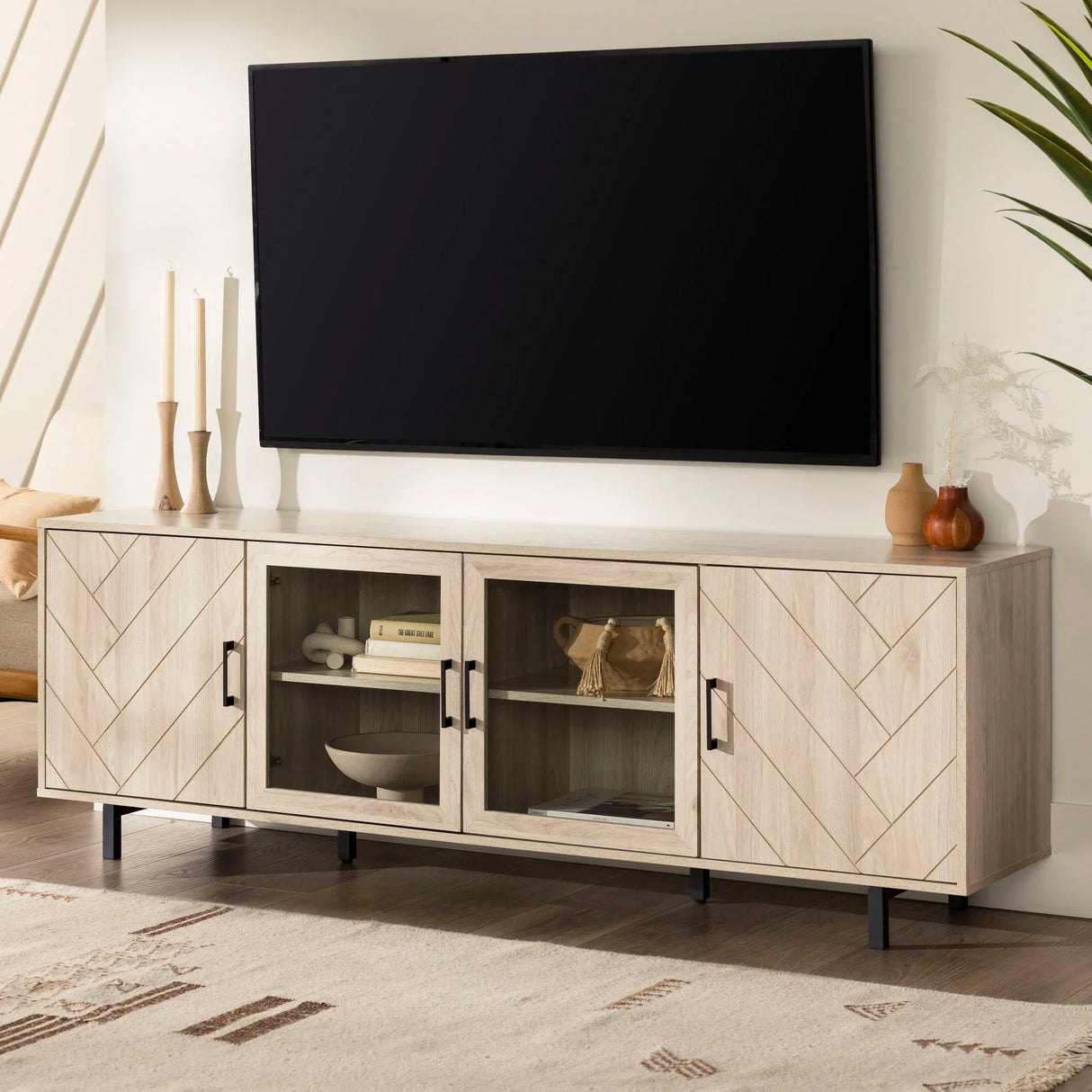 Modern Scandinavian 4 Door Herringbone 70" TV Stand For TVs Up To 80" - Furniture Home Direct