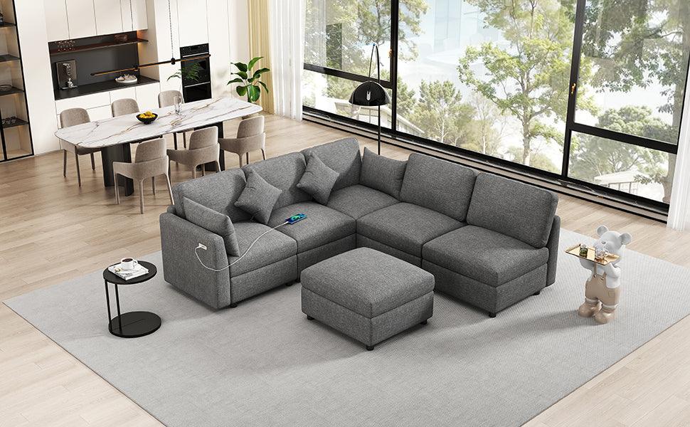 Sectional Sofa, Modular With USB Ports And Ottoman, Grey - Furniture Home Direct