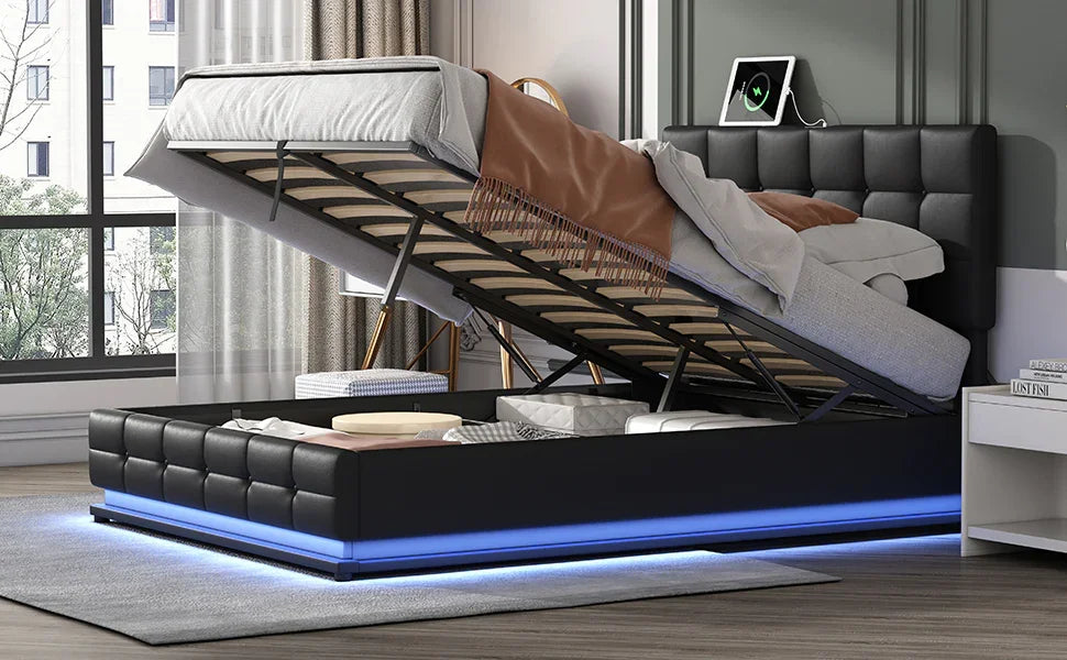 Queen Platform Bed Tufted Upholstered Storage Led Black - Furniture Home Direct