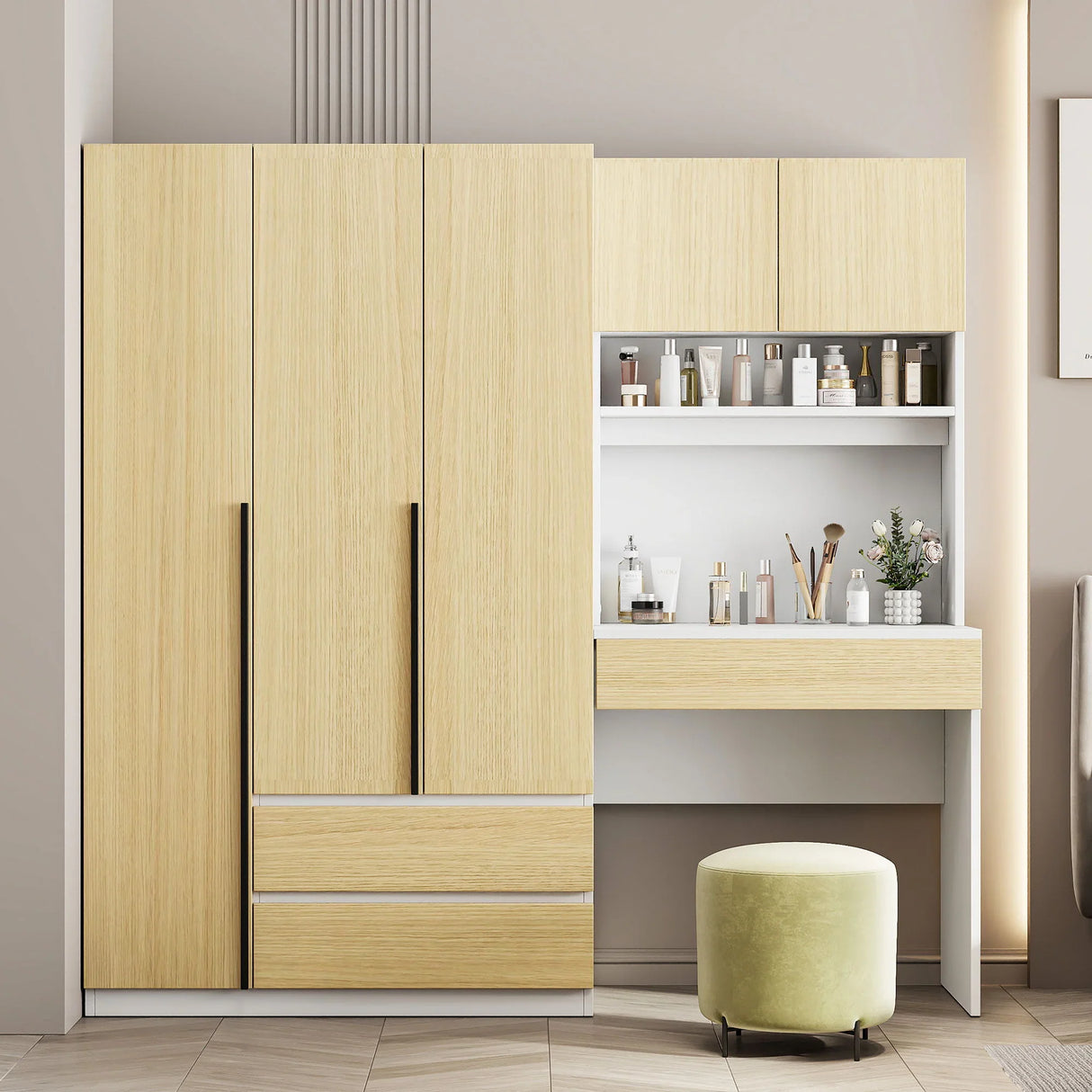 3 Door Storage Desk Wardrobe For Bedroom With Shelves And 3 Drawers - Furniture Home Direct