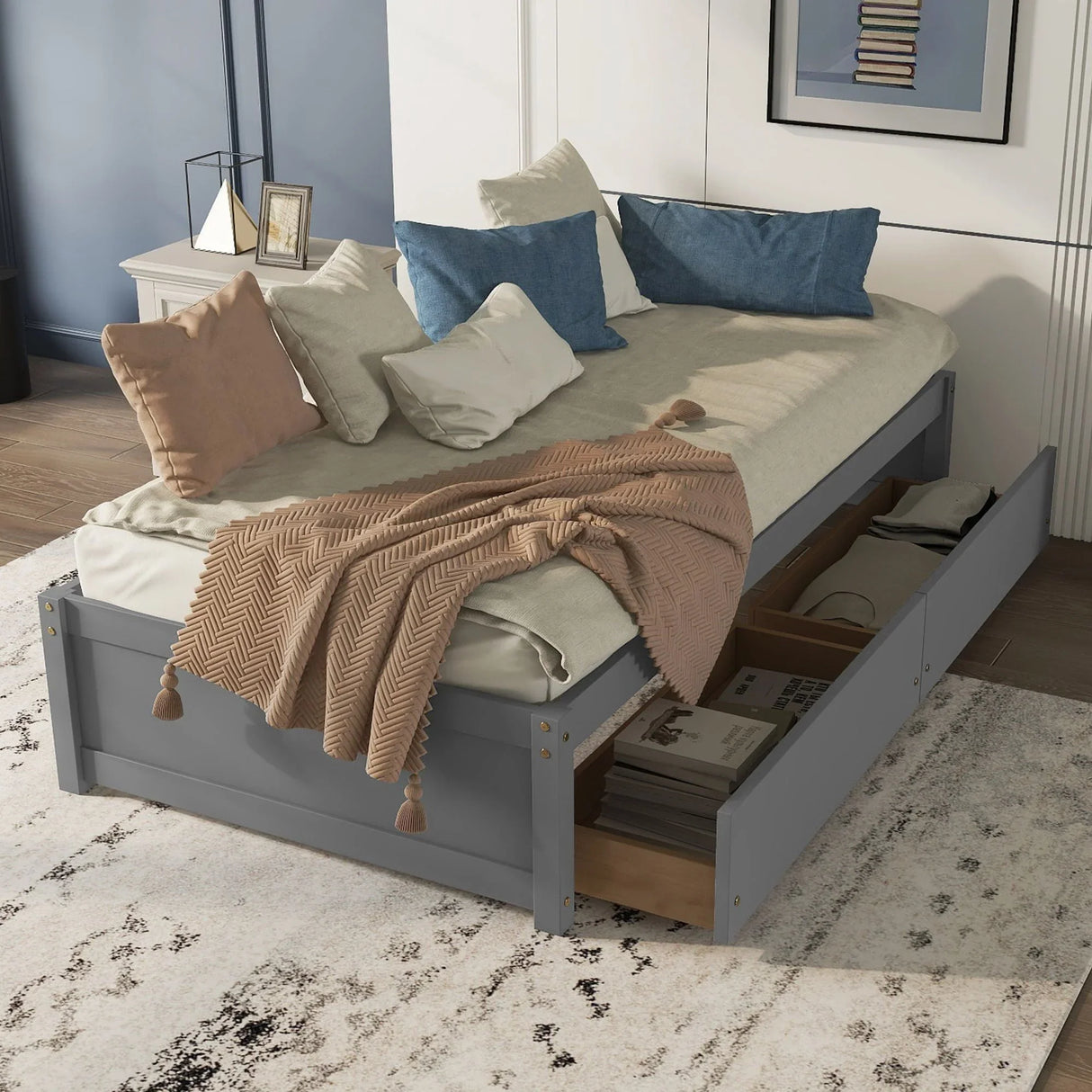 Twin Bed With 2 Drawers, No Box Spring Needed - Gray - Furniture Home Direct