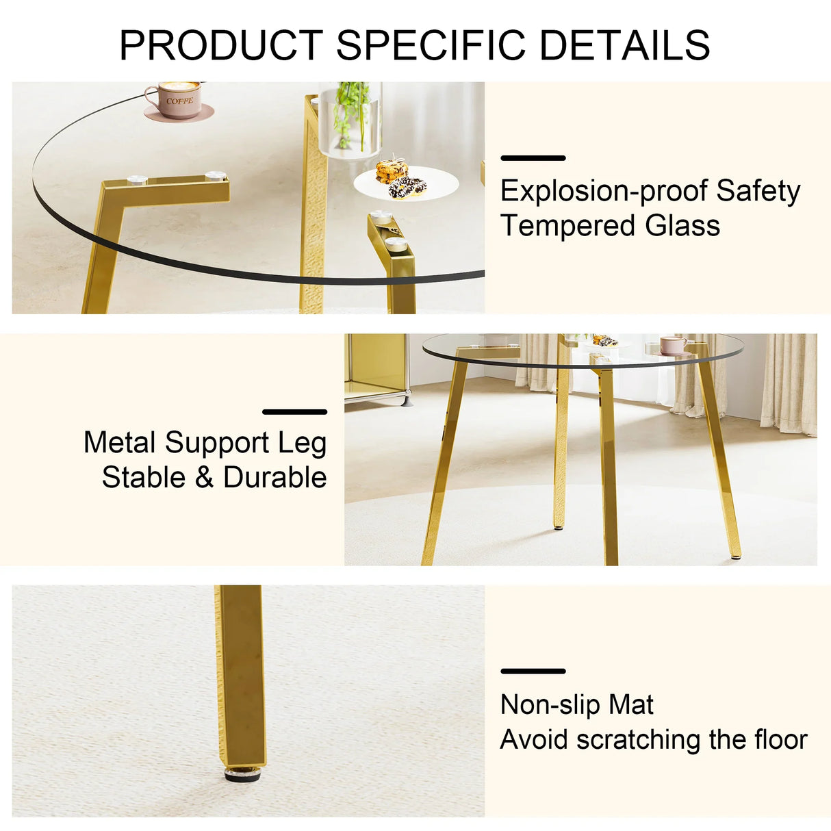 Dining Table Round Glass Top With Gold Legs Transparent - Furniture Home Direct