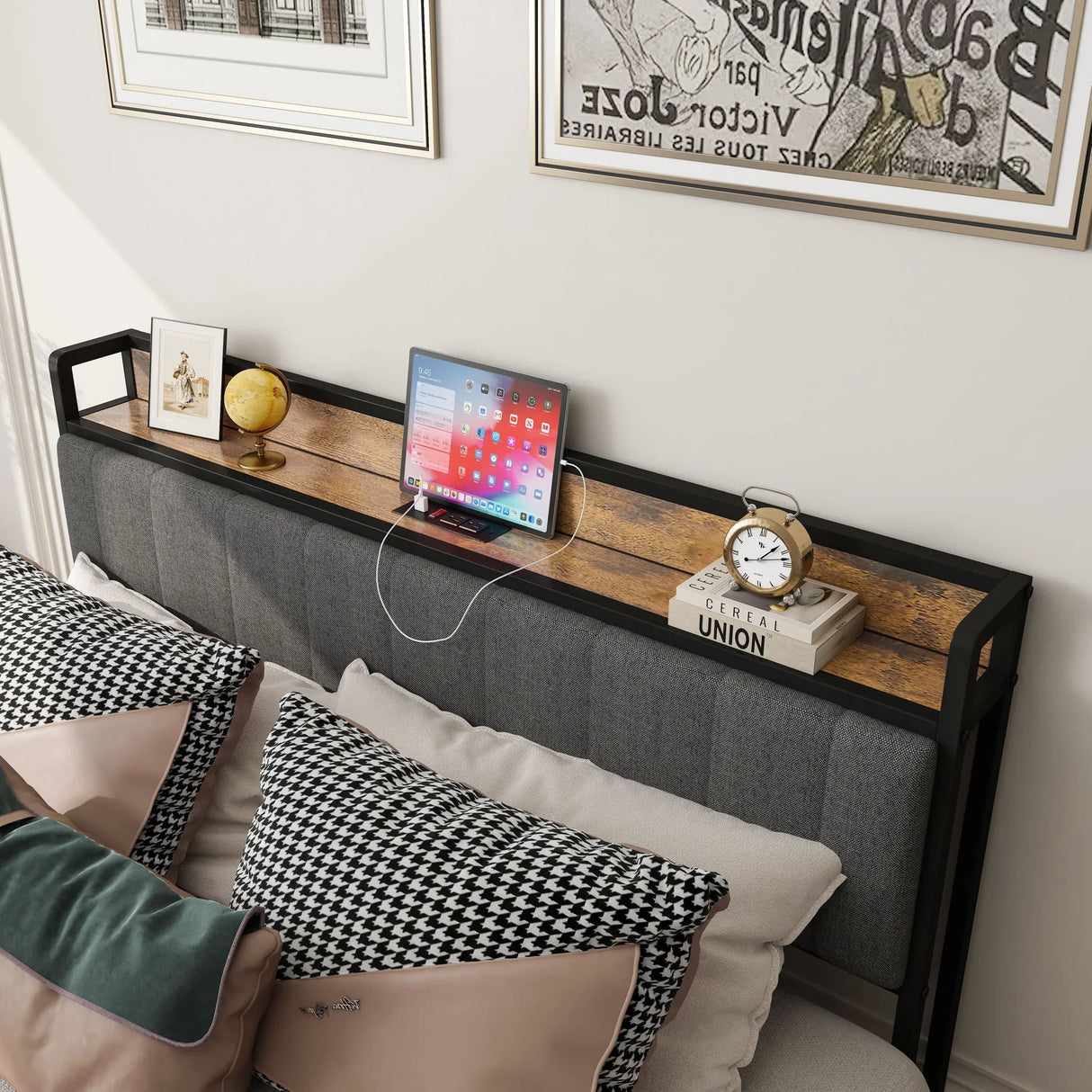 Bed With Charging Station, American Design Upholstered Headboard, Metal Platform - Furniture Home Direct