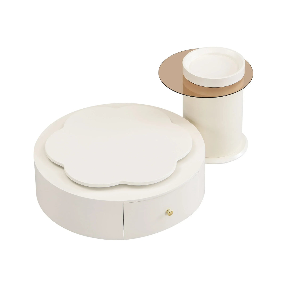 Modern Round Coffee Table (Set of 2), 360 Degree Rotatable Flower Shaped Top With 2 Drawers, Top Circle Side Table End Table With Glass For Living Room - Off White - Furniture Home Direct