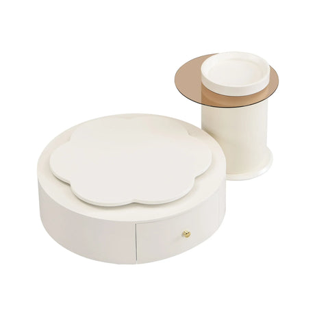 Modern Round Coffee Table (Set of 2), 360 Degree Rotatable Flower Shaped Top With 2 Drawers, Top Circle Side Table End Table With Glass For Living Room - Off White - Furniture Home Direct