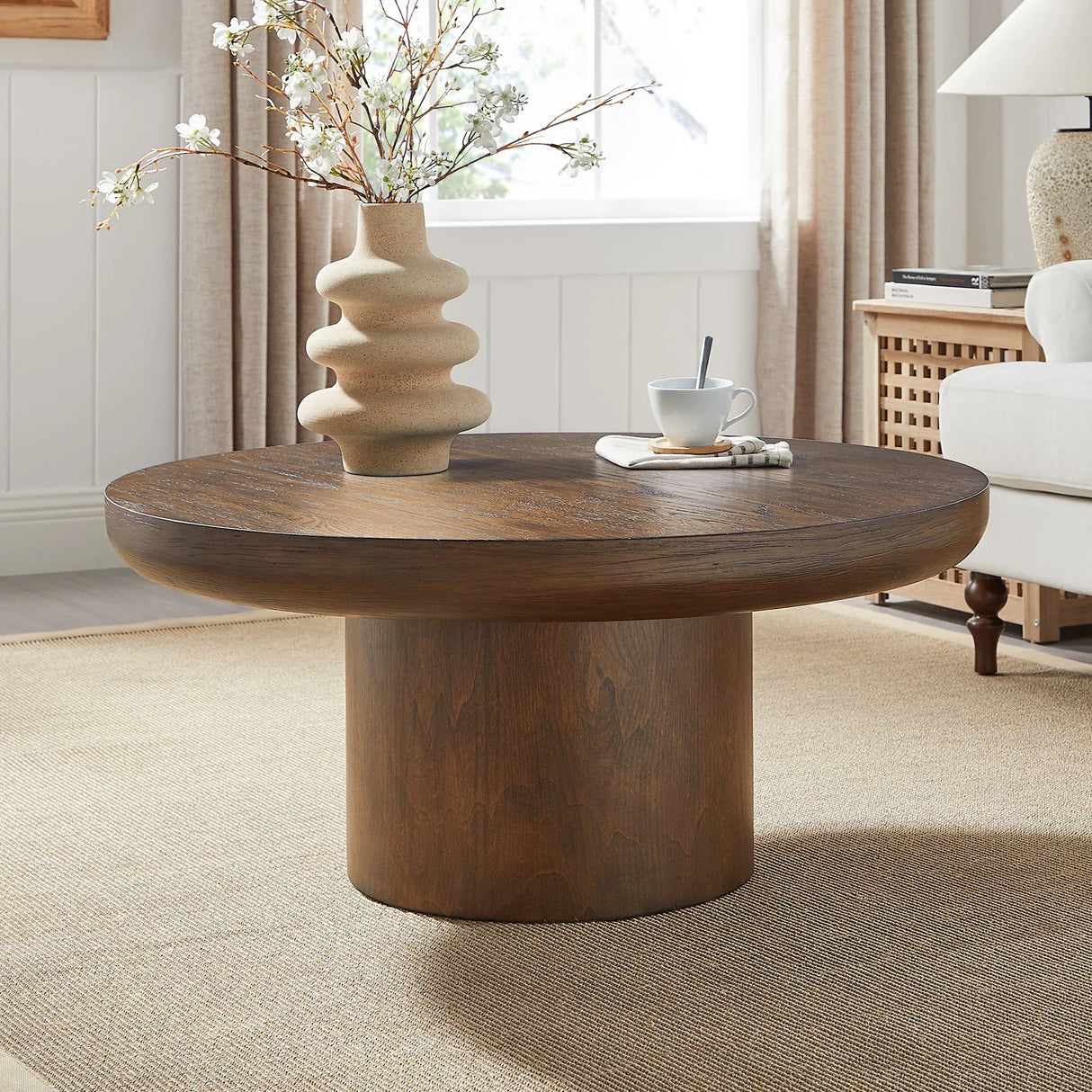 Round Coffee Table With Cylindrical Leg Dark Brown - Furniture Home Direct