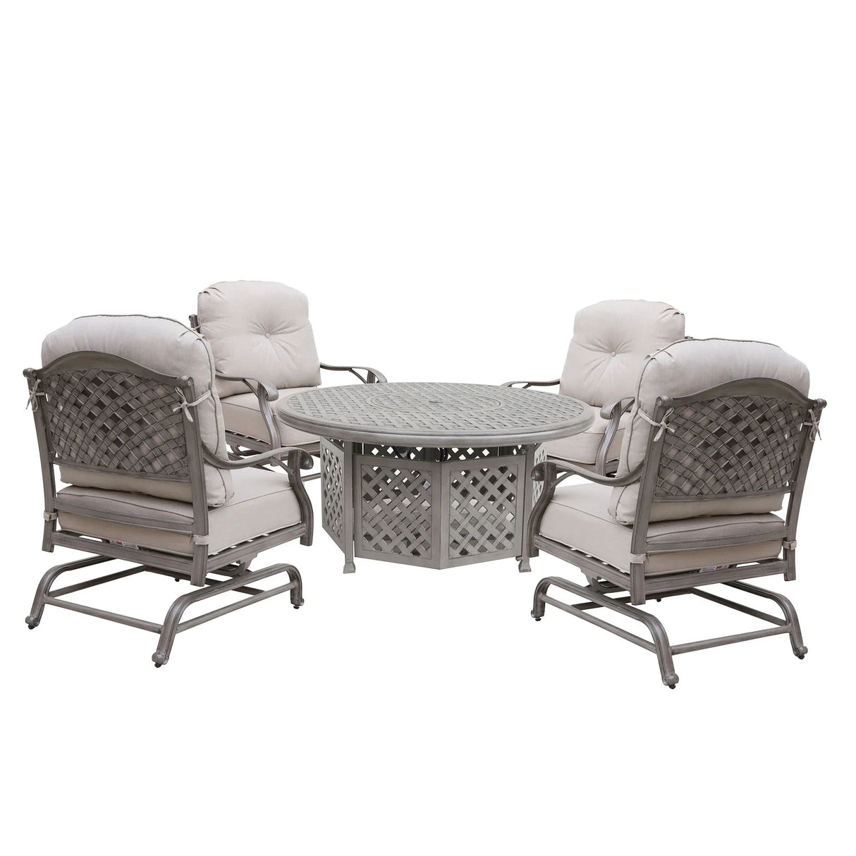 5 Piece Cast Aluminum Chat Fire Pit Set With Cushion - Furniture Home Direct