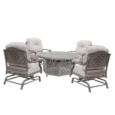 5 Piece Cast Aluminum Chat Fire Pit Set With Cushion - Furniture Home Direct