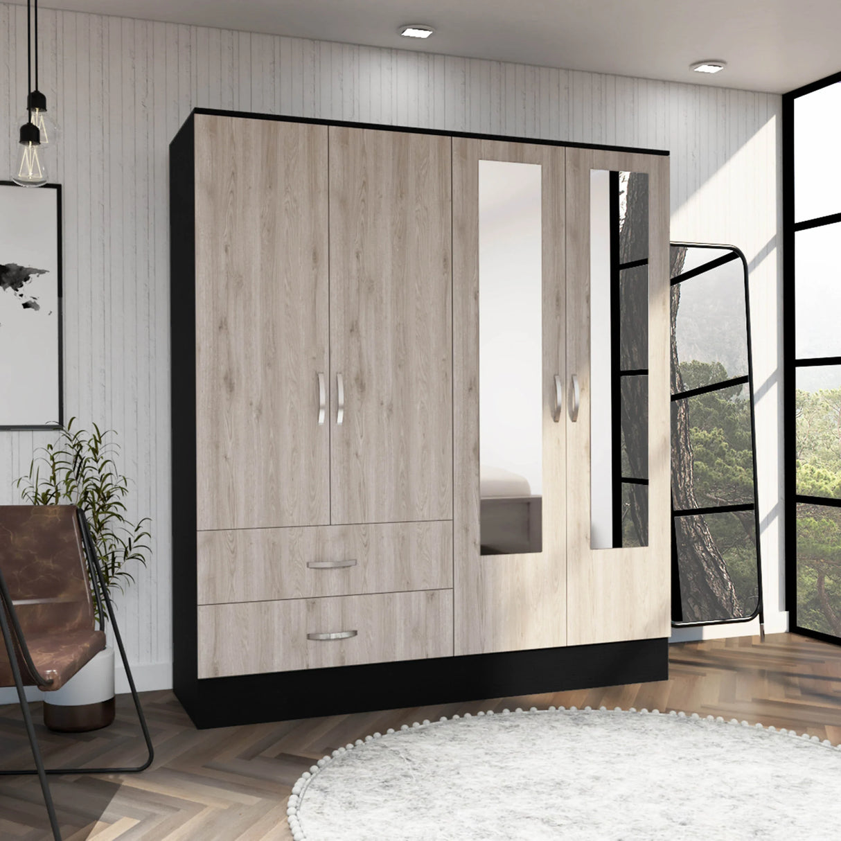 Armoire With Full Length Mirror Doors And Drawers Beige - Furniture Home Direct