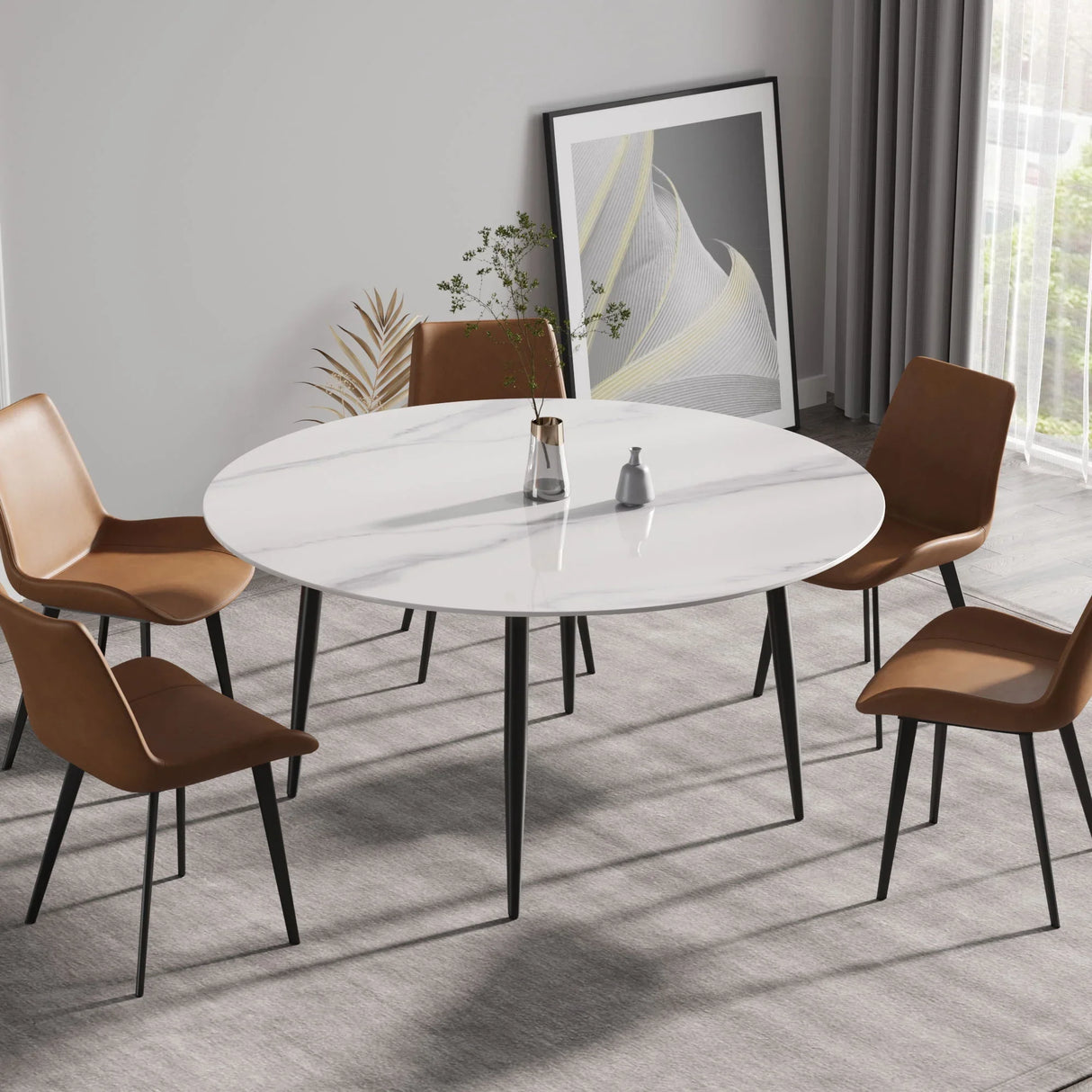 Modern Man-Made Stone Round Metal Dining Table-Position For 6 People - Furniture Home Direct