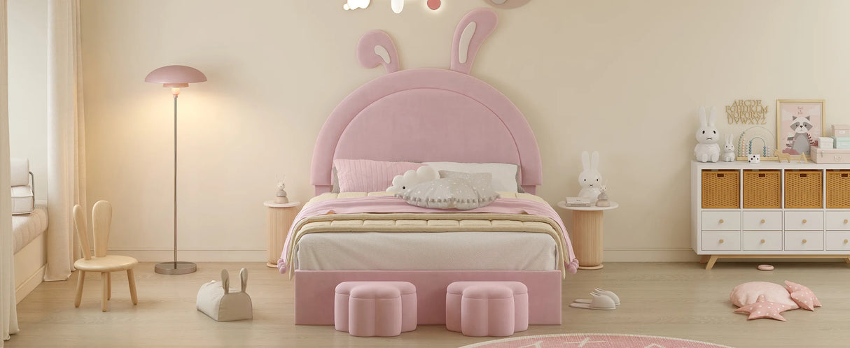 Rabbit Shaped Bed With Storage Stools Upholstered Pink - Furniture Home Direct