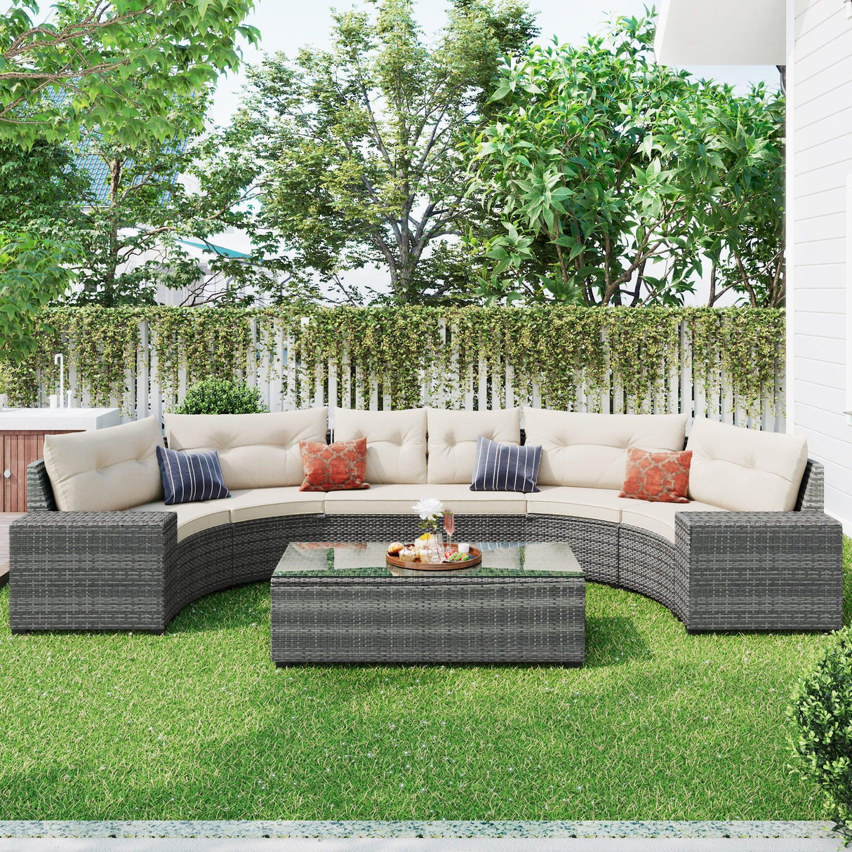 8 Pieces Outdoor Wicker Round Sofa Set, Half-Moon Sectional Sets All Weather, Curved Sofa Set With Rectangular Coffee Table, PE Rattan Water-Resistant And UV Protected, Movable Cushion - Furniture Home Direct