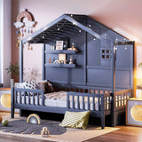 House Bed With Shelves, Window And Sparkling Light Strip On The Roof - Furniture Home Direct