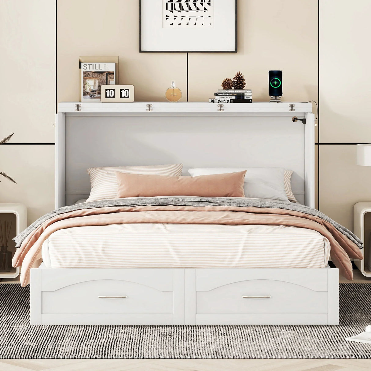 Murphy Bed With Drawer And A Set Of Sockets & USB Ports, Pulley Structure Design - Furniture Home Direct