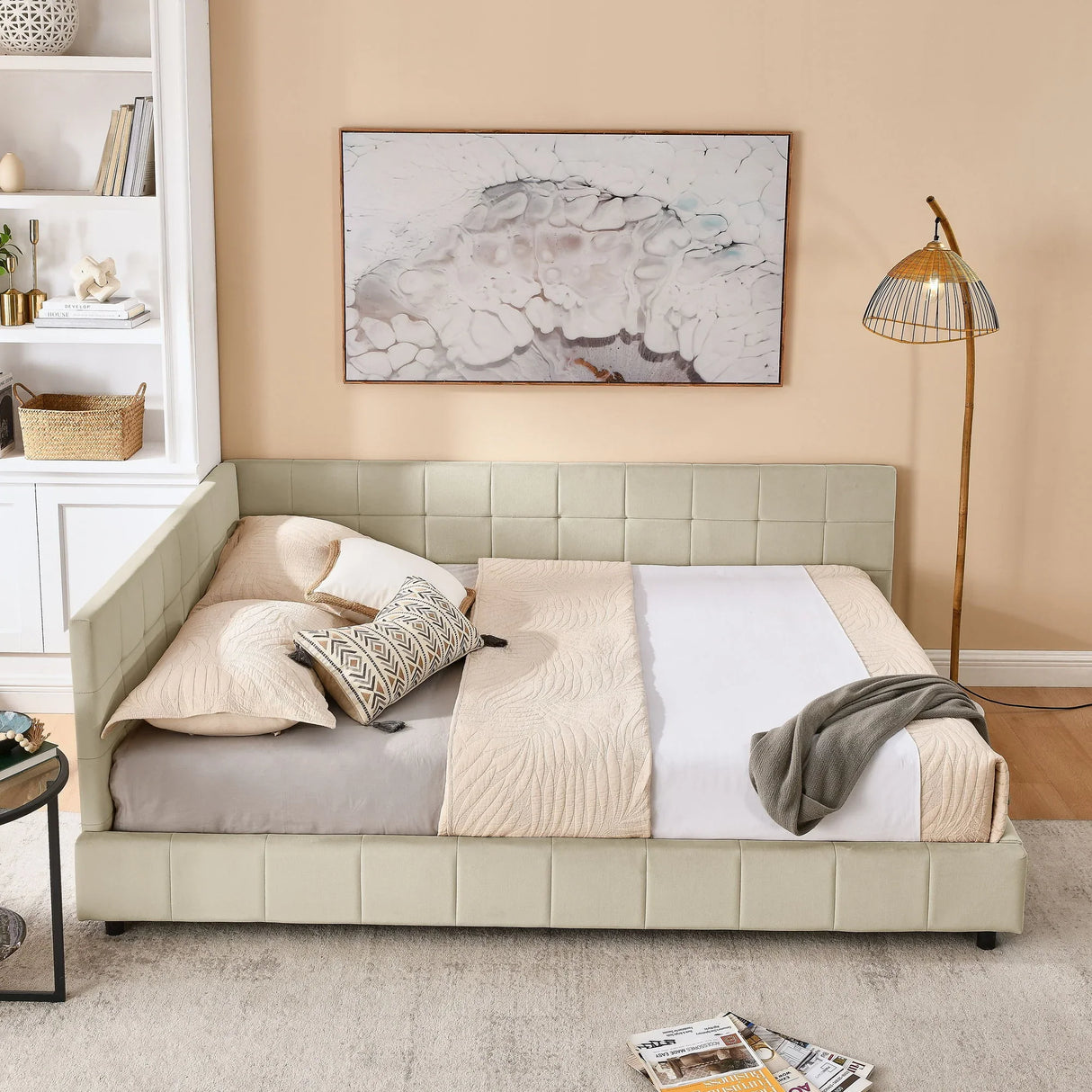 Mid-Century Storage Upholstered Tufted Bed Frame With Backrest And Armrests - Furniture Home Direct