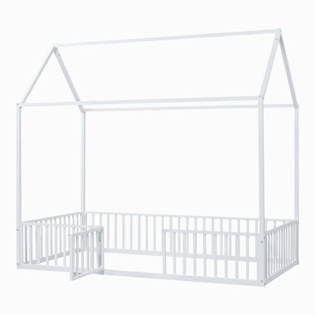 Metal House Bed With Fence And Door - Furniture Home Direct