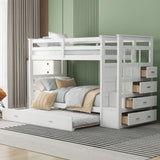 Twin Over Twin Bunk Bed With Trundle And Staircase - White - Furniture Home Direct