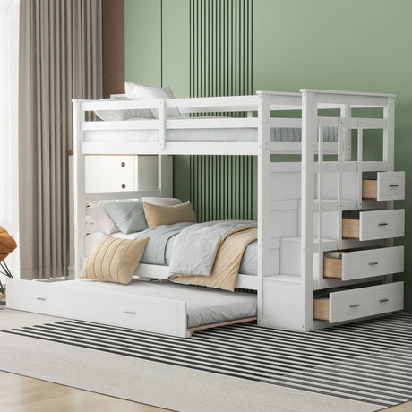 Twin Over Twin Bunk Bed With Trundle And Staircase - White - Furniture Home Direct