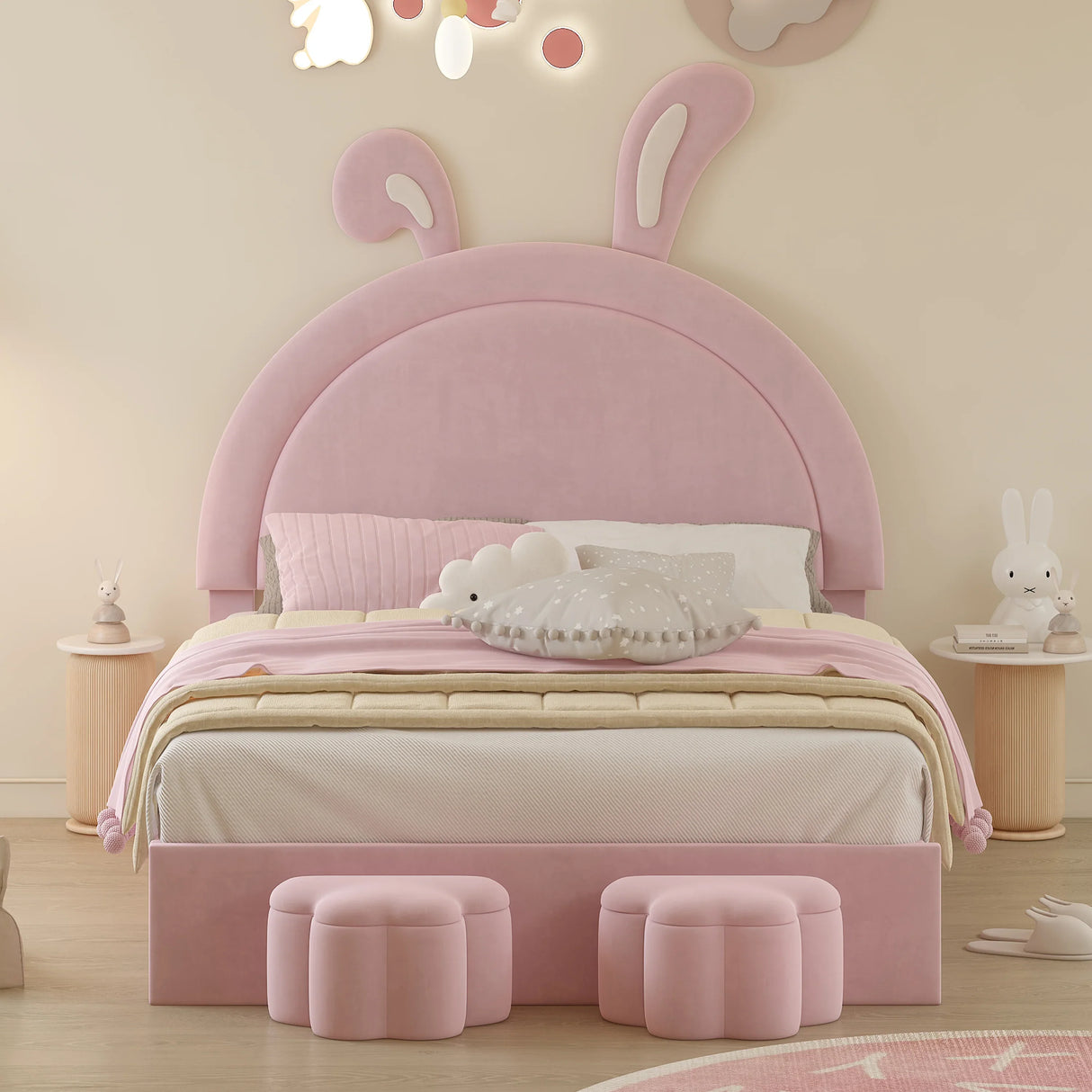 Rabbit Shaped Bed With Storage Stools Upholstered Pink - Furniture Home Direct