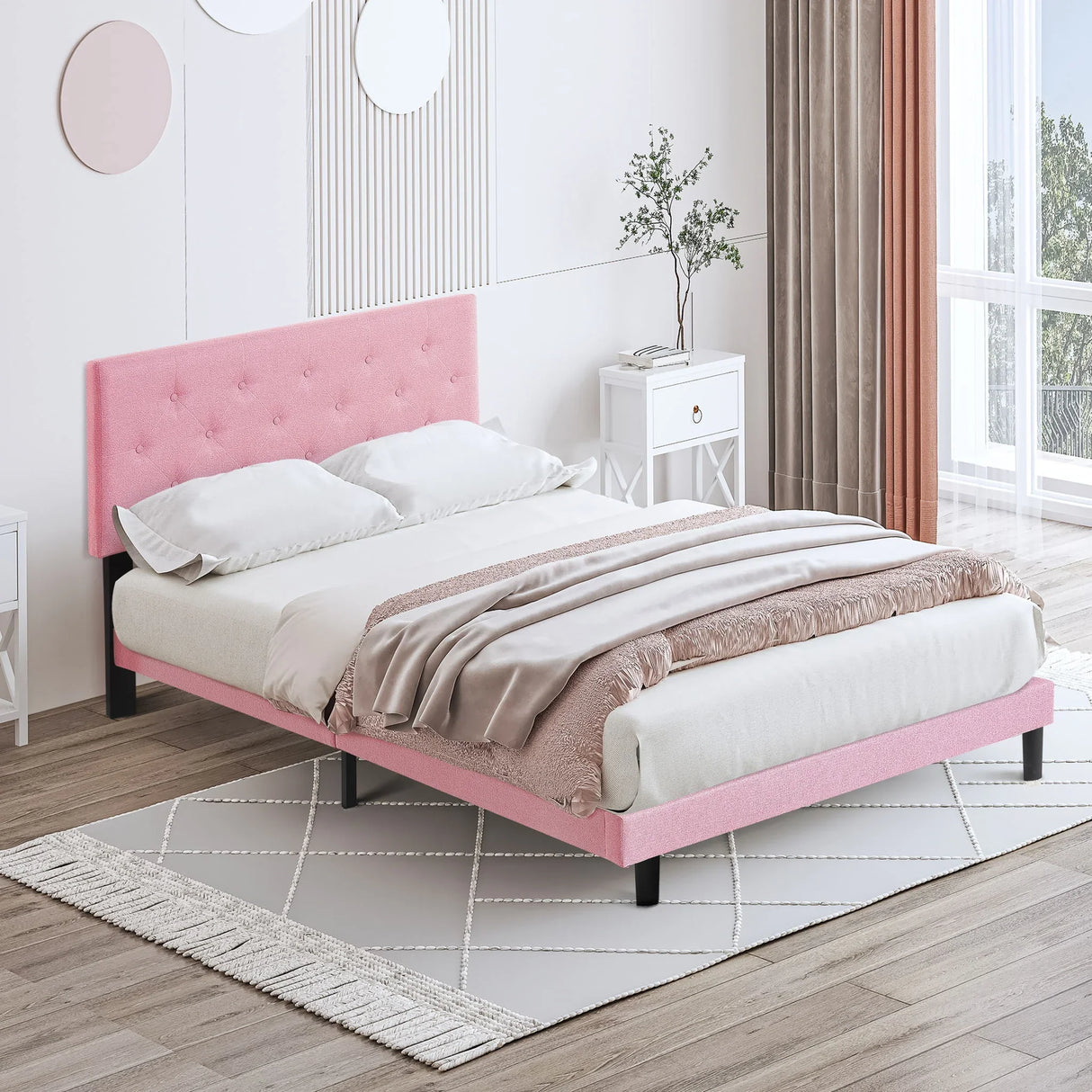 Modern Upholstered Platform Bed Frame With Button Tufted Linen Fabric Headboard - Furniture Home Direct
