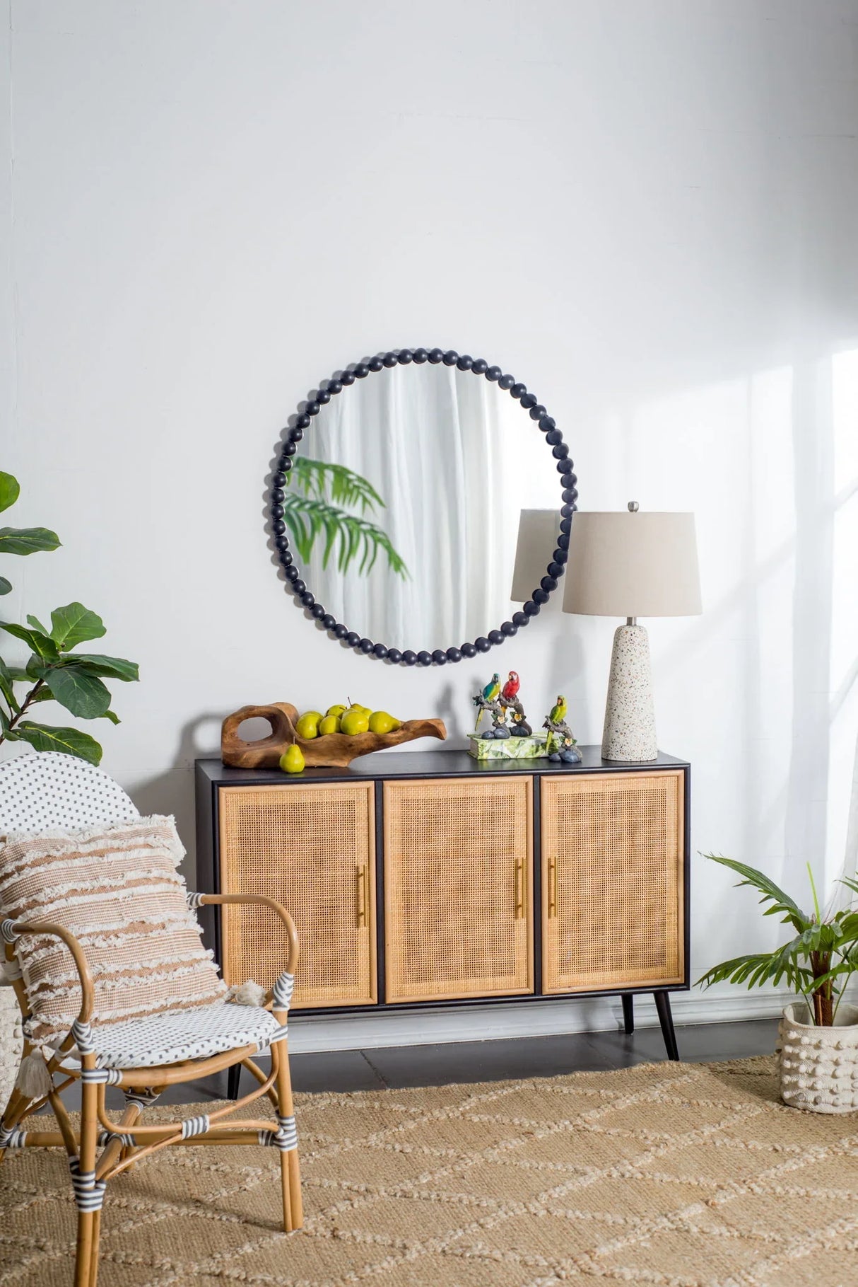 Circle Mirror With Metal Beaded Frame, Wall Mirror For Living Room Bedroom Entryway - Black - Furniture Home Direct