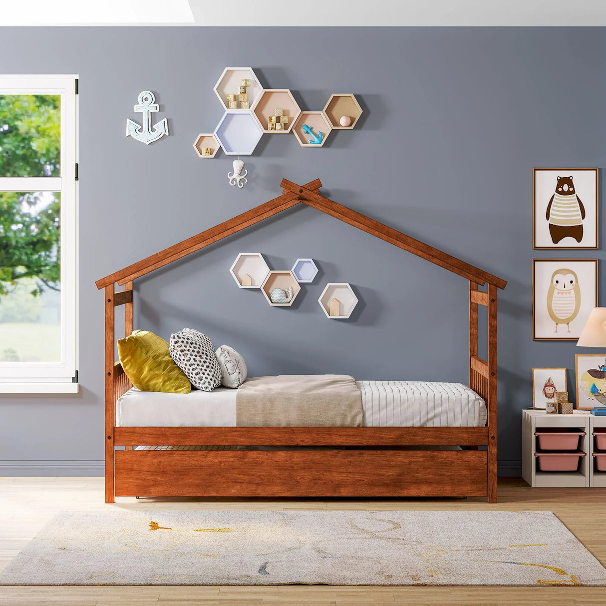 Wooden House Bed With Twin Size Trundle - Furniture Home Direct