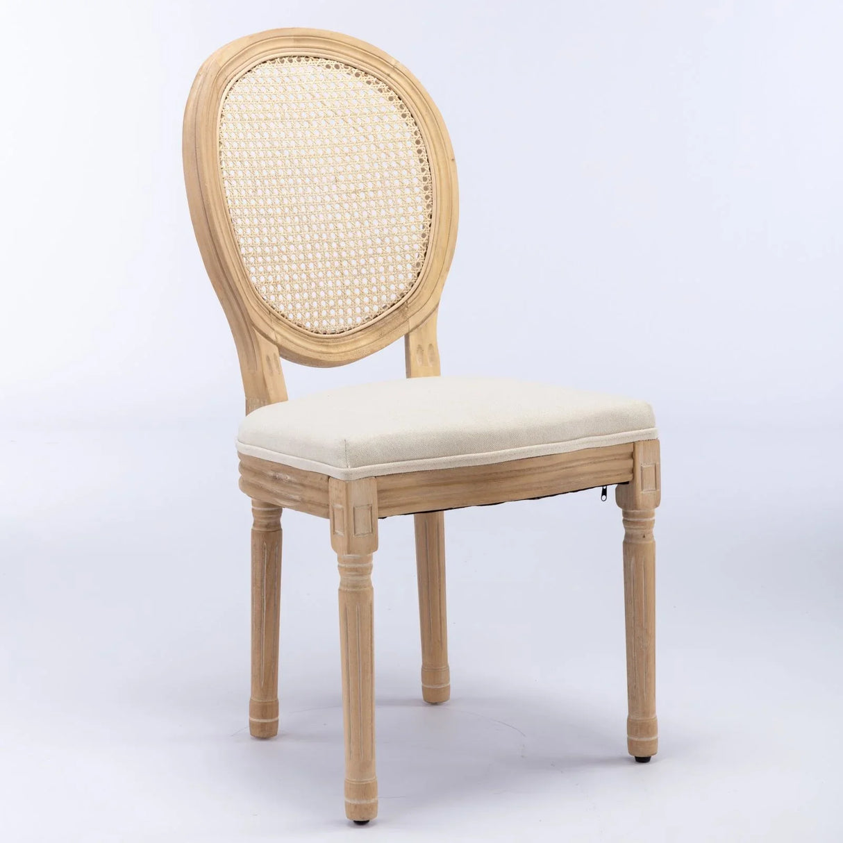 French Style Solid Wood Frame Antique Painting Linen Fabric Rattan Back Dining Chair (Set of 2) - Furniture Home Direct