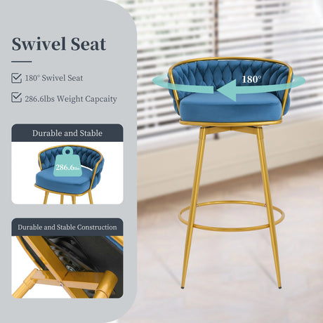 Counter Height Bar Stools Pair Tufted Gold Frame Blue - Furniture Home Direct