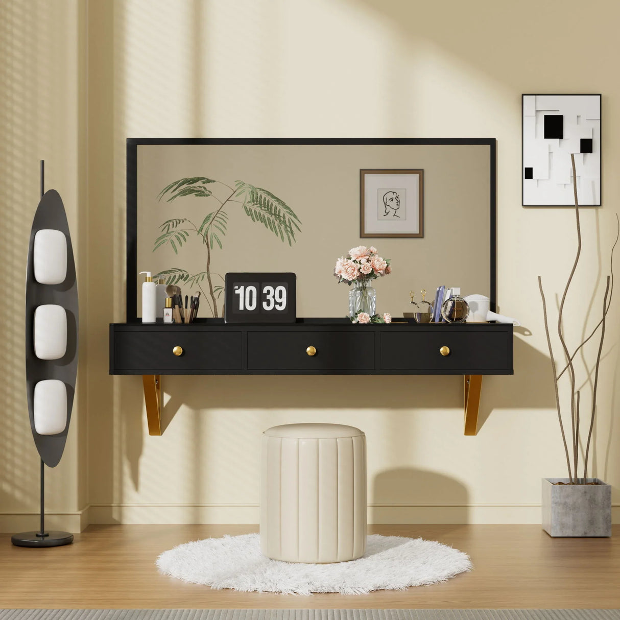 Floating Shelf With Drawer, Multi-Purpose Wall-Mounted Vanity Table, Mounted Desk, Floating Table For Bedroom, Bathroom, Hairdressers - Black / Golden - Furniture Home Direct