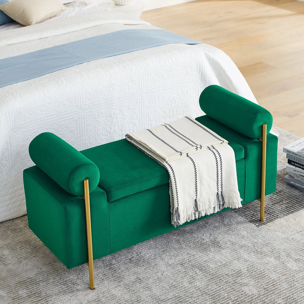 Elegant Upholstered Linen Storage Bench With Cylindrical Arms And Iron Legs, White - Furniture Home Direct