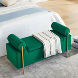 Elegant Upholstered Linen Storage Bench With Cylindrical Arms And Iron Legs, White - Furniture Home Direct
