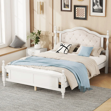 Pine Wooden Bed With Upholstered Headboard And Panel Footboard, With Two Bed Rail Support Feet And Central Platform Support Feet - Furniture Home Direct