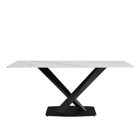Modern Artificial Stone Straight Edge Metal X Leg Dining Table, 6 People - Furniture Home Direct