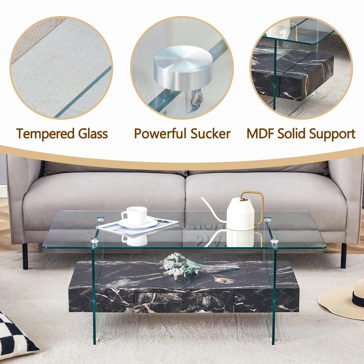Coffee Table Two-Tier Glass With Solid Marble Base Black - Furniture Home Direct