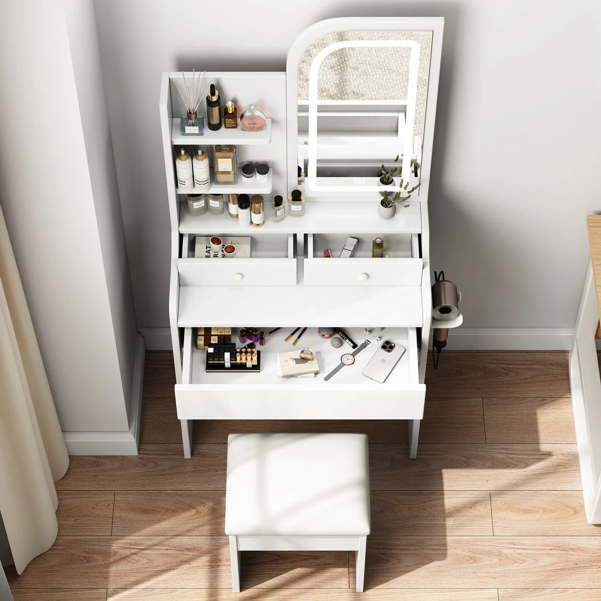 Fashion Vanity Desk With Mirror And Lights For Makeup, Hair Dryer Holder And Chair, Adjustable Lighting - White - Furniture Home Direct