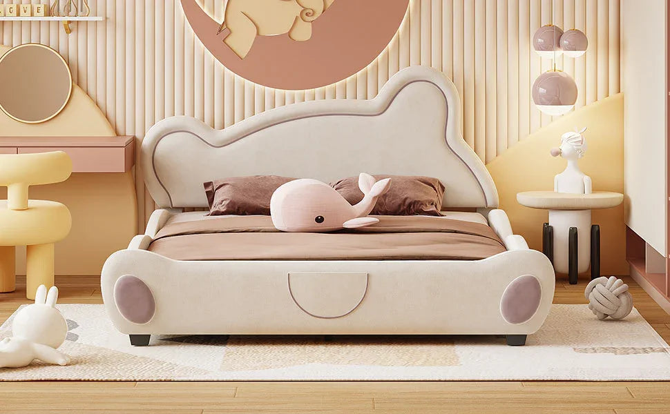Kids Bed Bear Headboard with BuiltIn Storage Beige - Furniture Home Direct