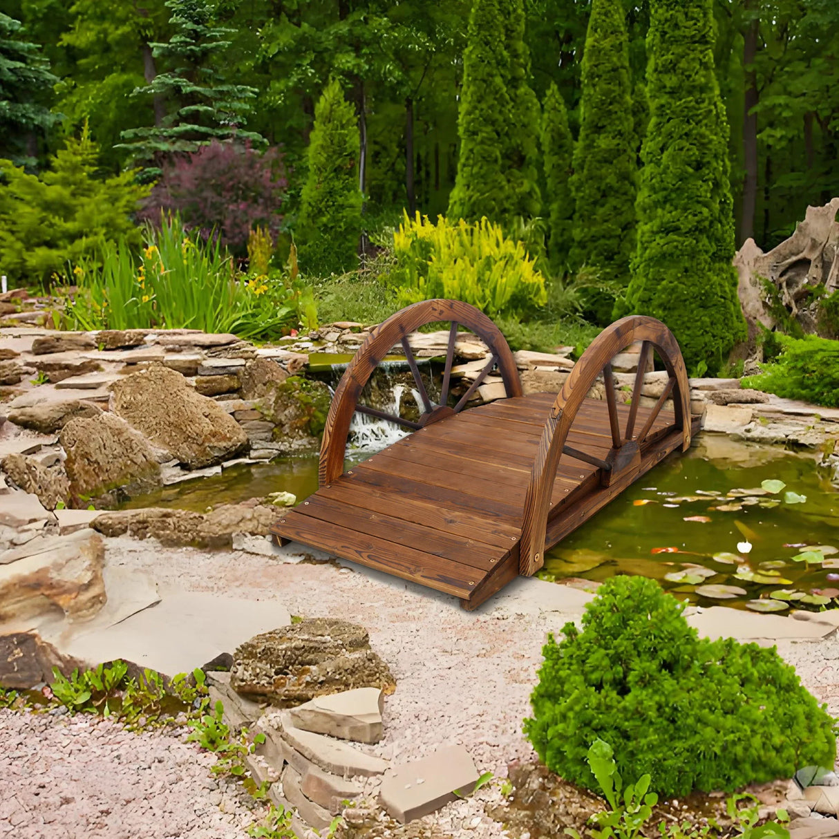 Wooden Garden Bridge Arc Footbridge With Half Wheel Railings Solid Fi - Brown - Furniture Home Direct