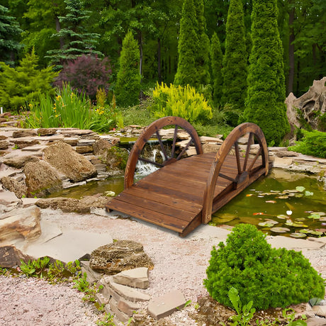 Wooden Garden Bridge Arc Footbridge With Half Wheel Railings Solid Fi - Brown - Furniture Home Direct