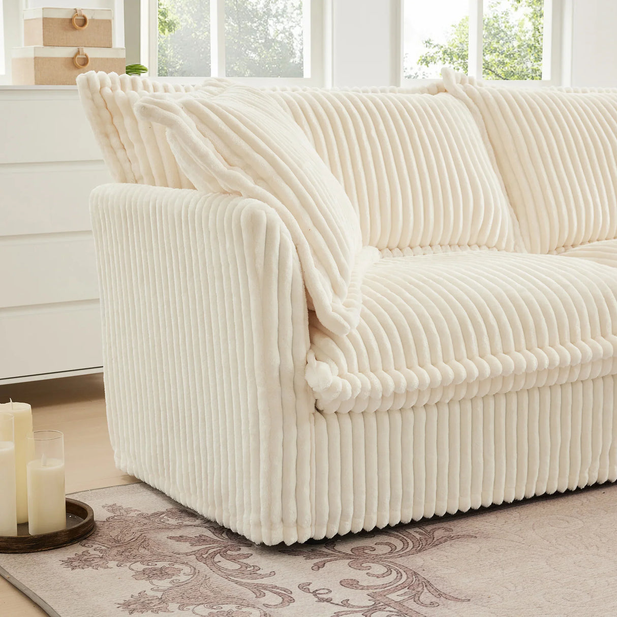 Corduroy Long Stationary Sofa - Cream - Furniture Home Direct