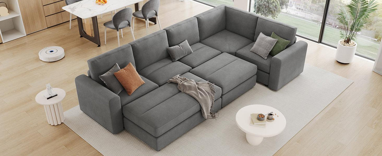 121.3" Modular Sectional Sofa with Two Movable Ottomans, Gray - Furniture Home Direct