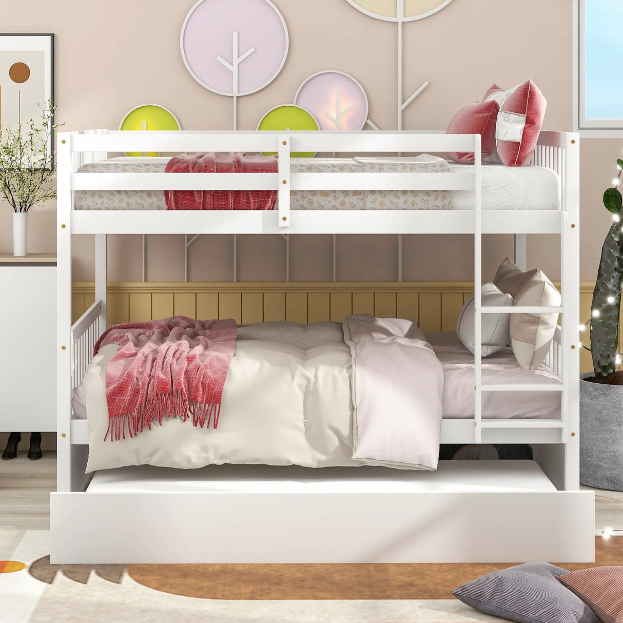 Bunk Bed With Trundle, Convertible To 2 Size Platform Bed, Bunk Bed With Ladder And Safety Rails For Kids - Furniture Home Direct