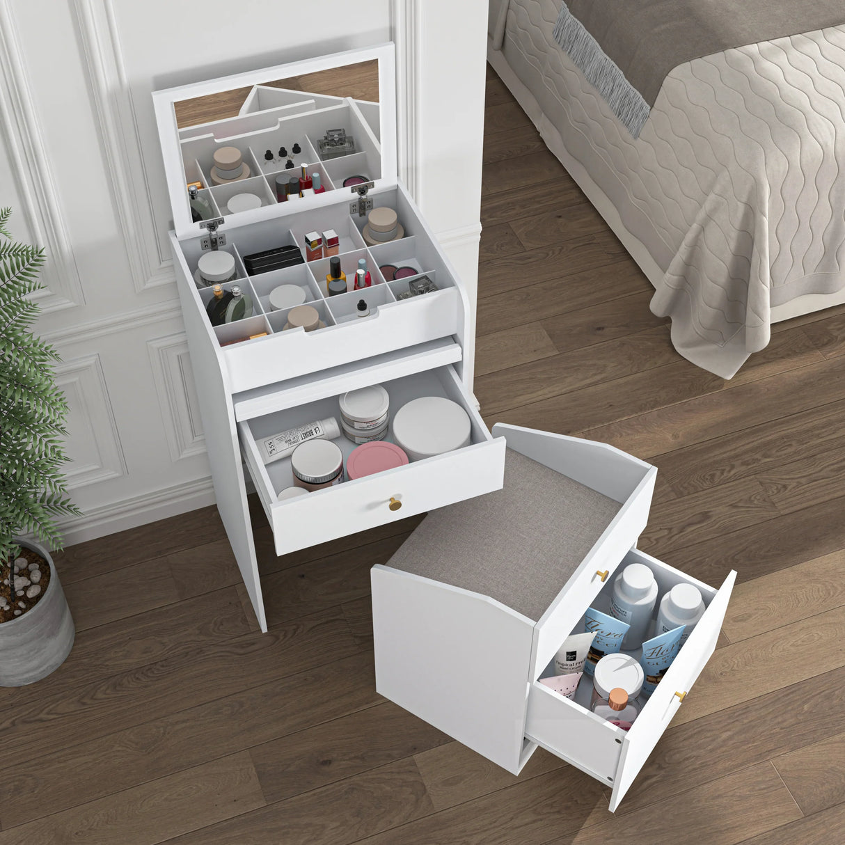 Vanity Desk With Mirror Small Compact Modern Style White - Furniture Home Direct
