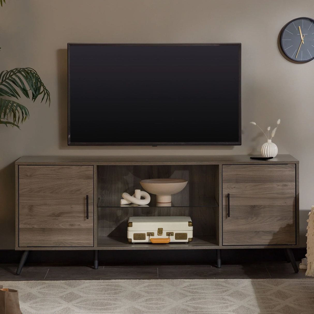 Mid-Century Modern 2 Door TV Stand With Glass Shelf - Furniture Home Direct