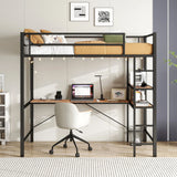 Space Saving Twin Size Loft Bed With L Shaped Desk, Shelves, Charging Station, Led Lights - Brown - Furniture Home Direct