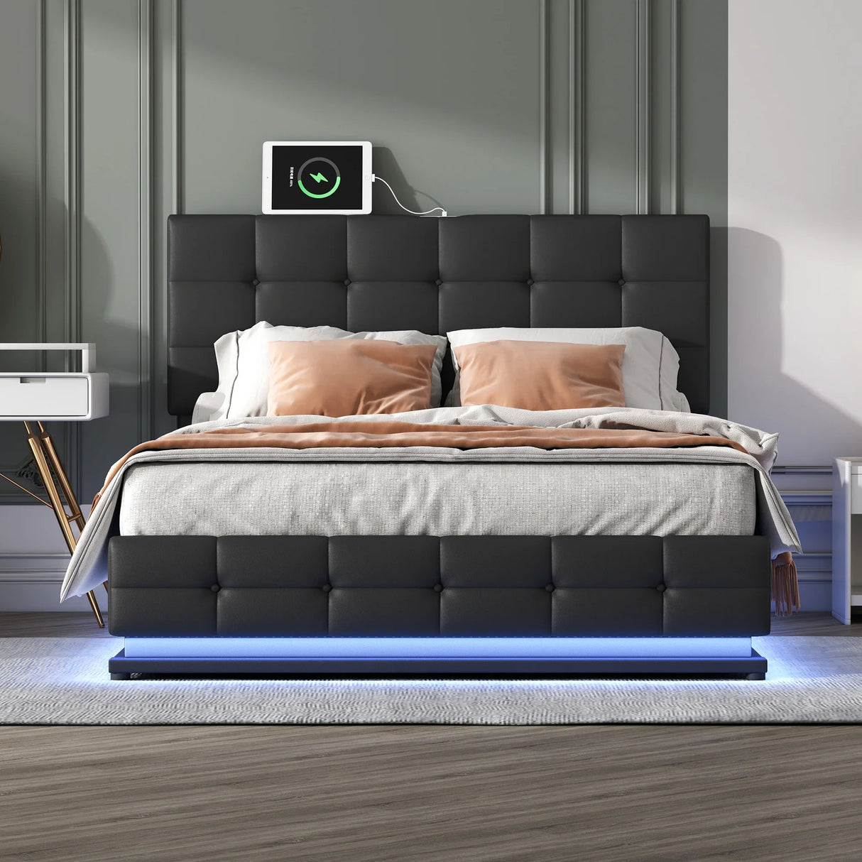 Queen Platform Bed Tufted Upholstered Storage Led Black - Furniture Home Direct