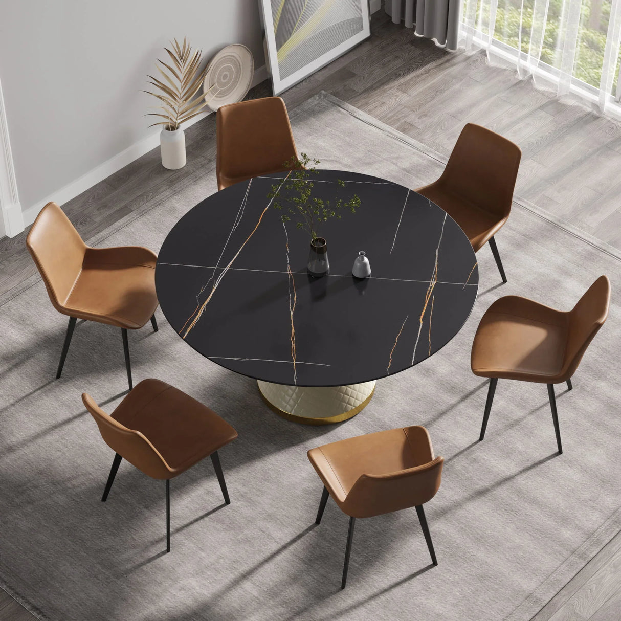59.05" Modern Artificial Stone Round Carbon Steel Base Dining Table, Can Accommodate 6 People - Black / White - Furniture Home Direct