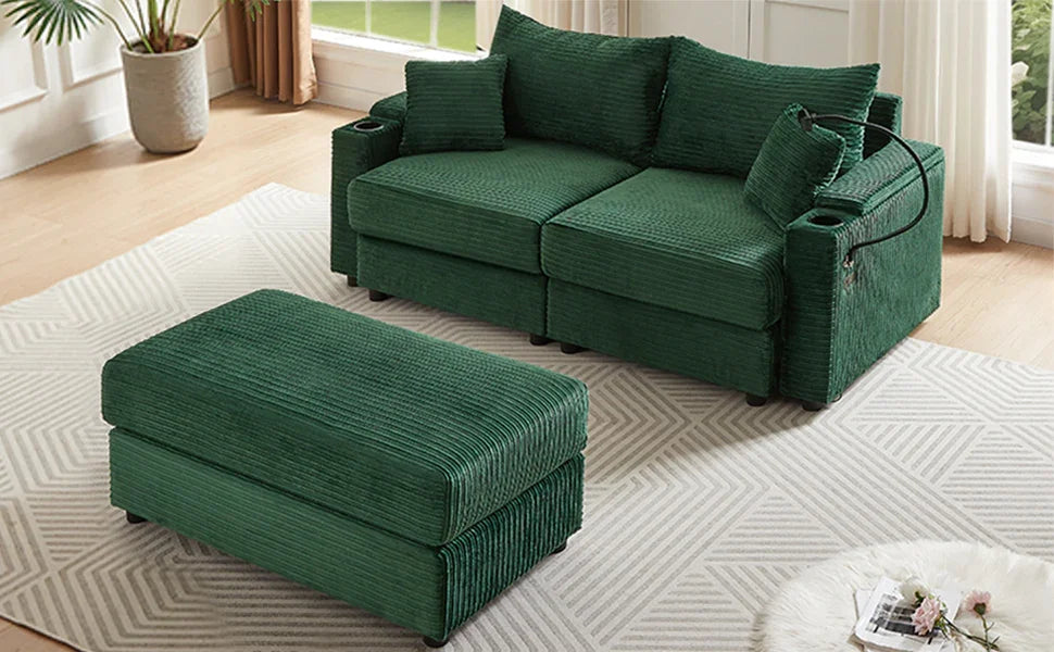Sofa and Ottoman With Storage, Two USB Ports, Two Cup Holders and Phone Holder - Green - Furniture Home Direct